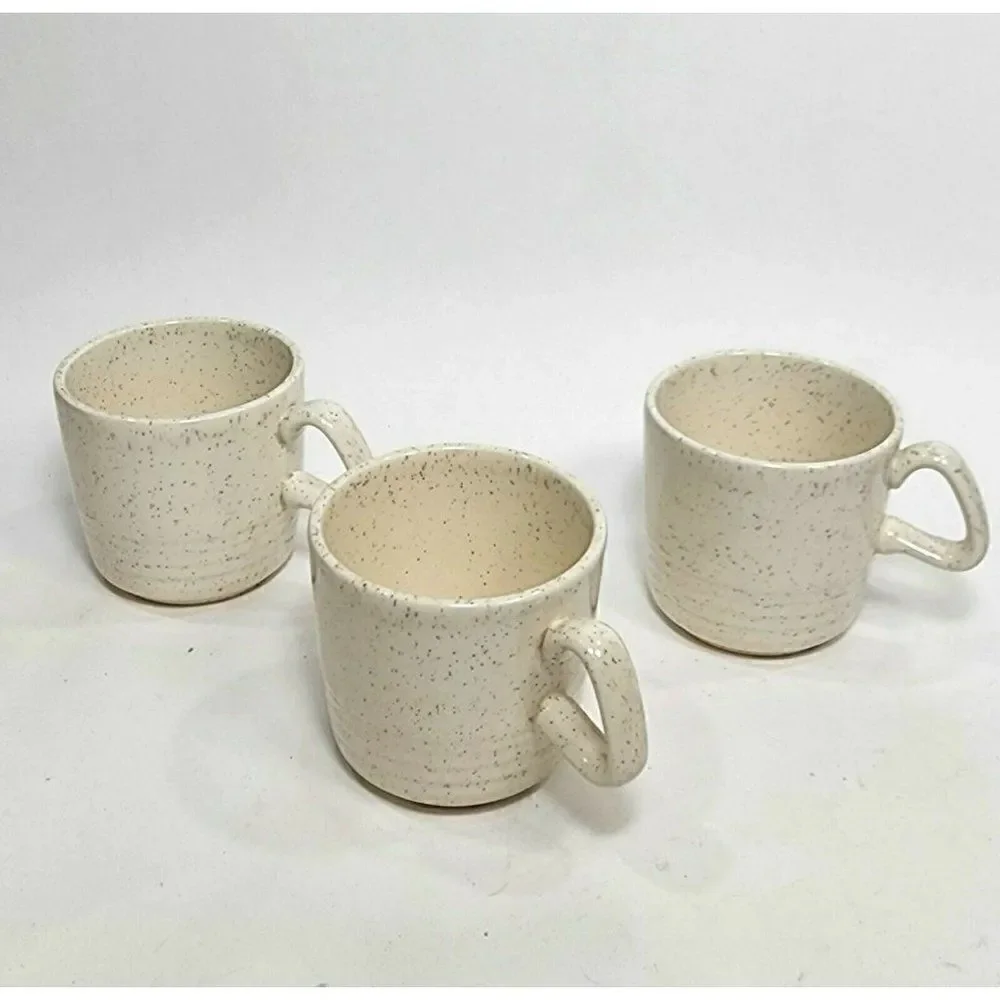 Set of 5 Vtg Speckled Stoneware Creamer, Sugar Bowl & Teacups‎ Raised Rings USA
